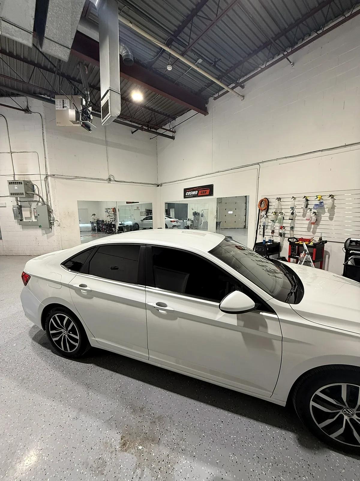 White Mercedes-Benz sedan after a full exterior detail in Mississauga
