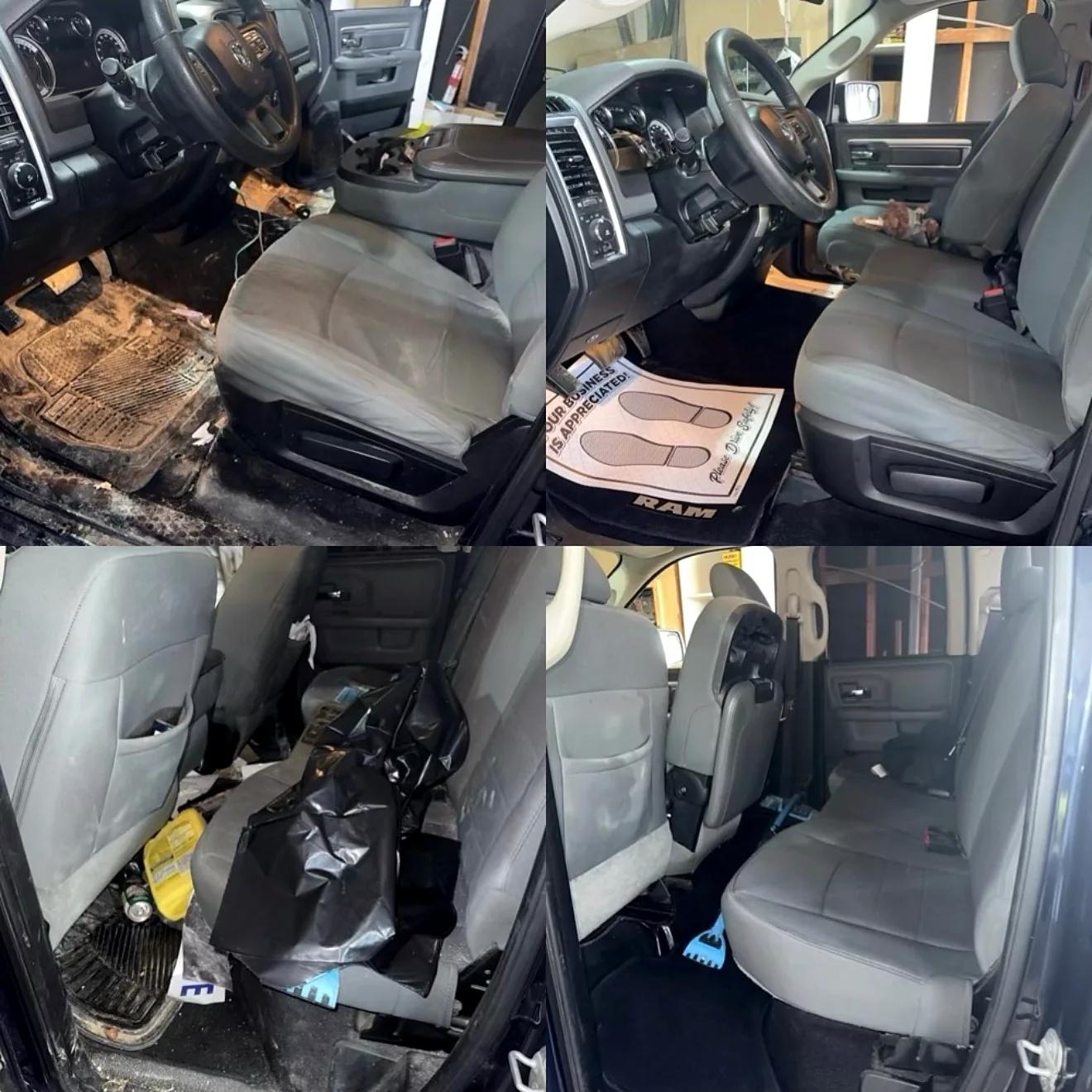 Ram rear cab floor and bench before and after an interior detail, side by side