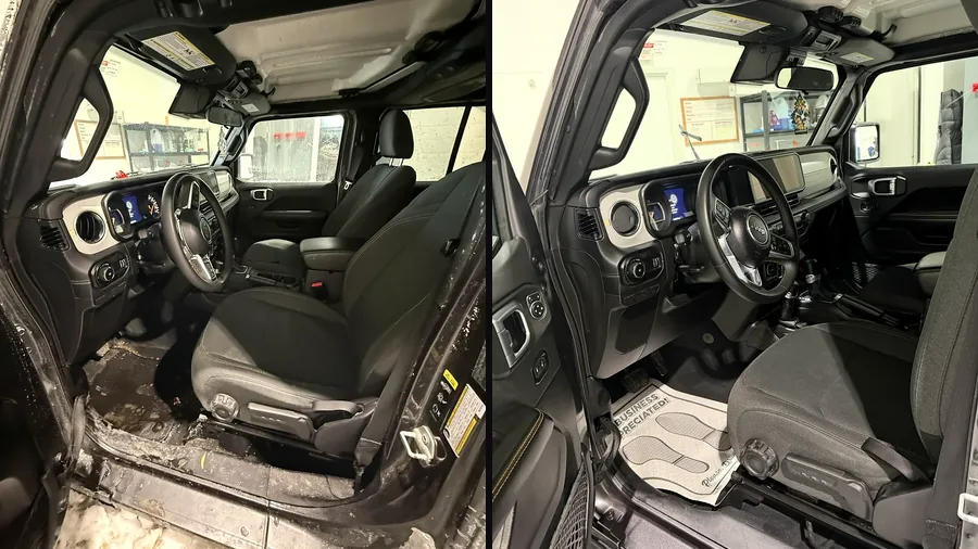 Jeep Wrangler interior before and after detailing, with a wet, salt-covered floor on the left and clean carpet on the right
