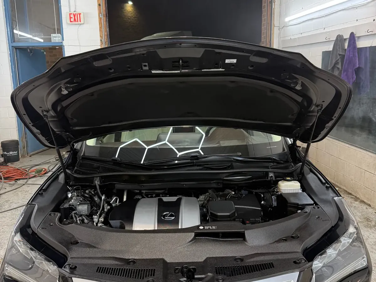 Lexus RX in the studio with the hood open after an engine bay detail