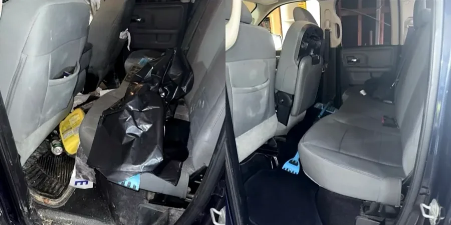 Ram pickup rear seats before and after interior detailing, cluttered and dirty on the left, clean on the right
